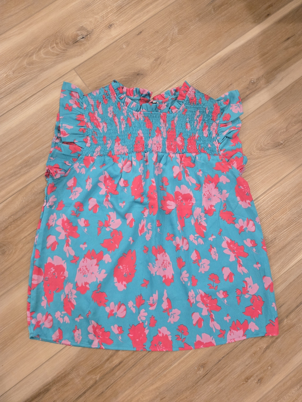 Teal Floral Smocked Womens Top
